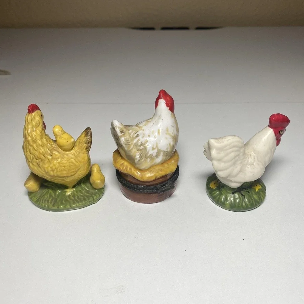 3 Beautiful Porcelain Hen-Rooster Figurines (One Is A Trinket Box)